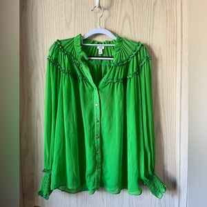 River Island Green Ruffled Women's Buttoned Blouse Long Sleeve Top